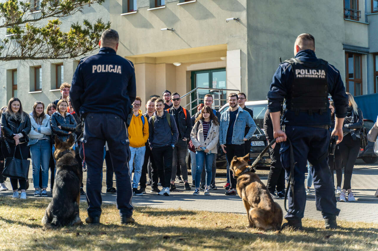 Dwaj Policjanci z psami służbowymi stoją przed grupą studentów przed budynkiem Uczelni na ul. Akademickiej 14
